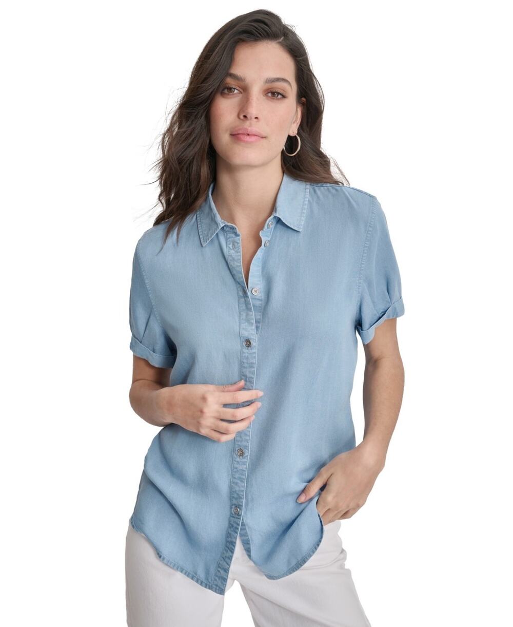 DKNY Jeans Petite Rolled Short-Sleeve Button-Up Shirt Chambray Size PXL 3706